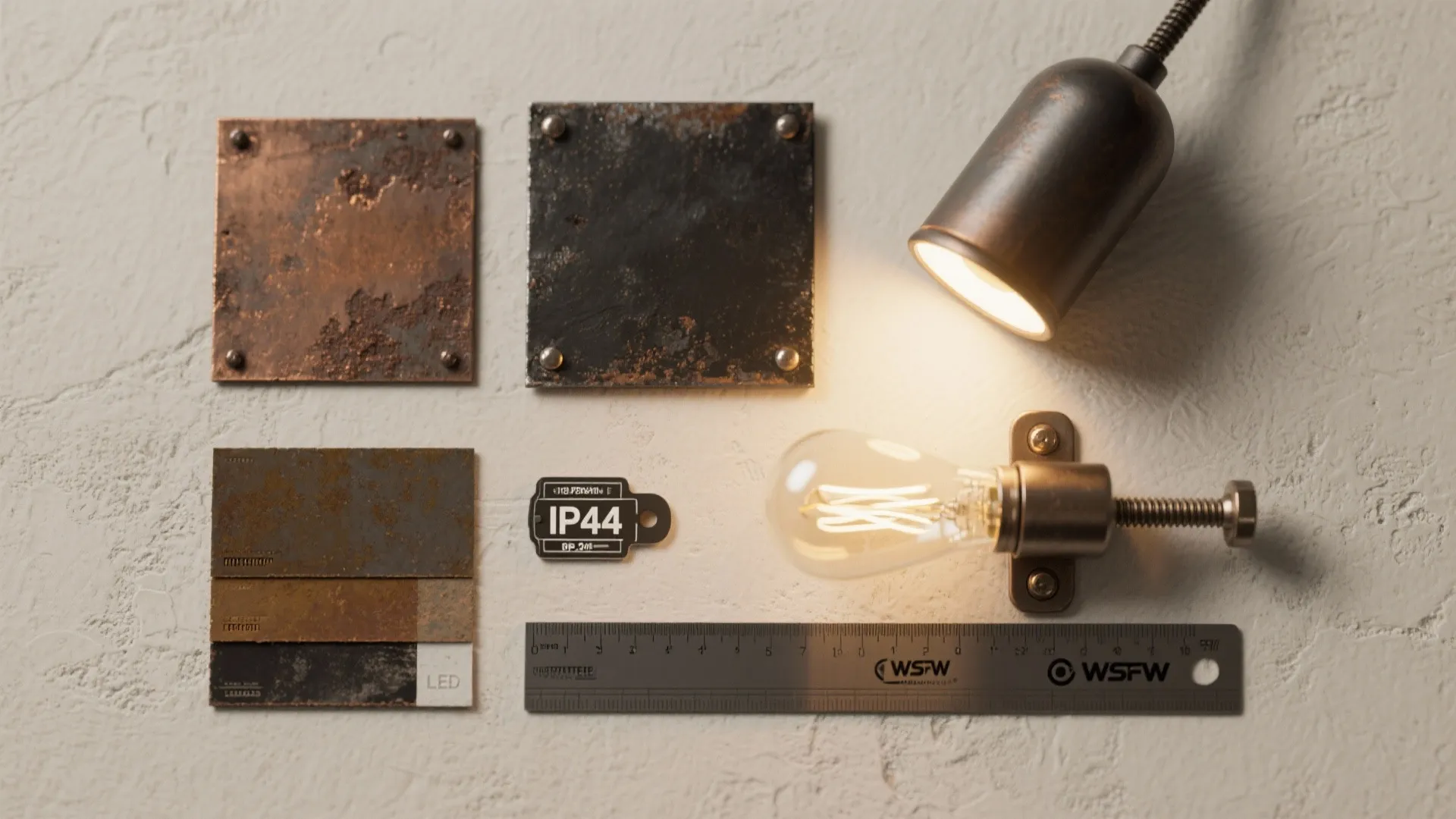 Top-down flatlay of rustic light finishes, bulb sample and IP rating tags