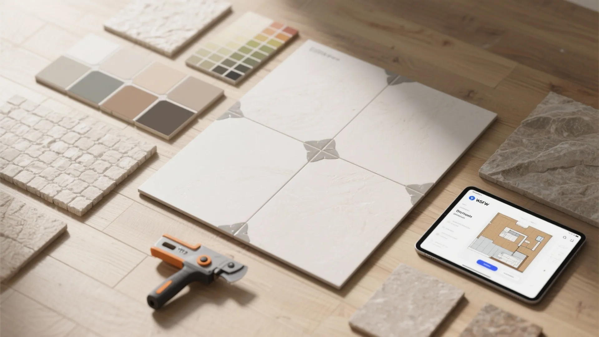 Interior design materials including stone tiles color samples and floor plan on a tablet screen