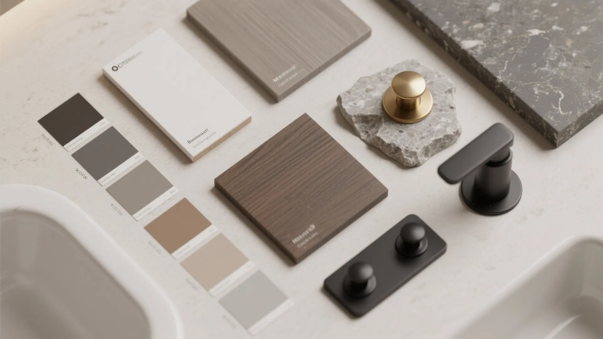 Interior design materials including wood samples marble tiles gold handles and color palette on table