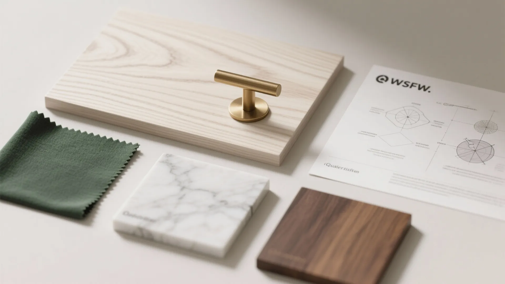 Flatlay of quarter sawn oak sample, brass pull, honed quartz, and green swatch for kitchen material selection.
