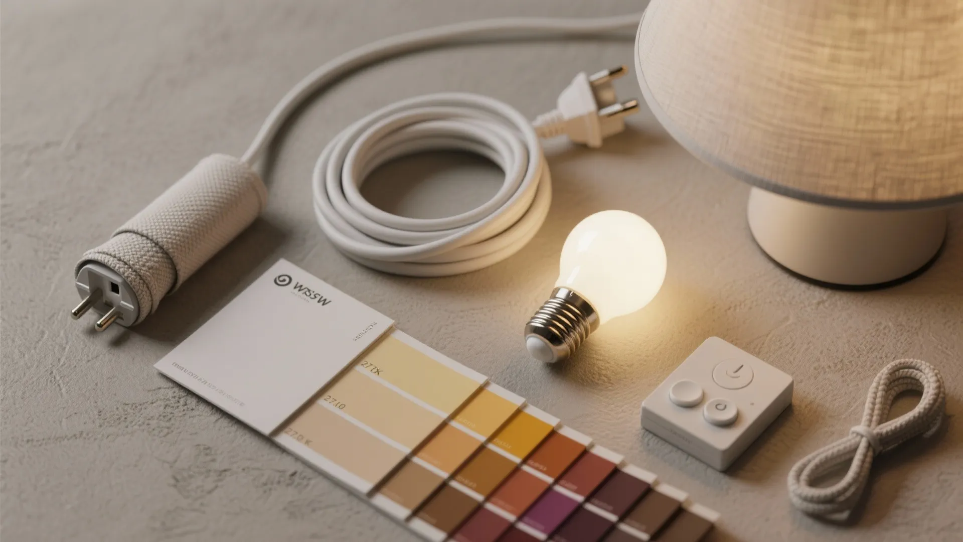 Lighting design materials including light bulb, color swatches, table lamp, remote control, and power cords
