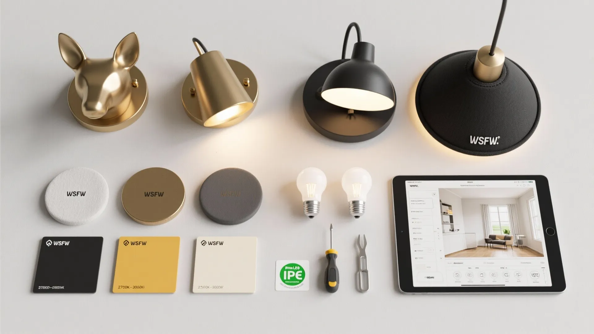 Top-down flatlay of finishes, dimmable LED bulbs, washable shades and a tablet with a room planner for animal wall lights.