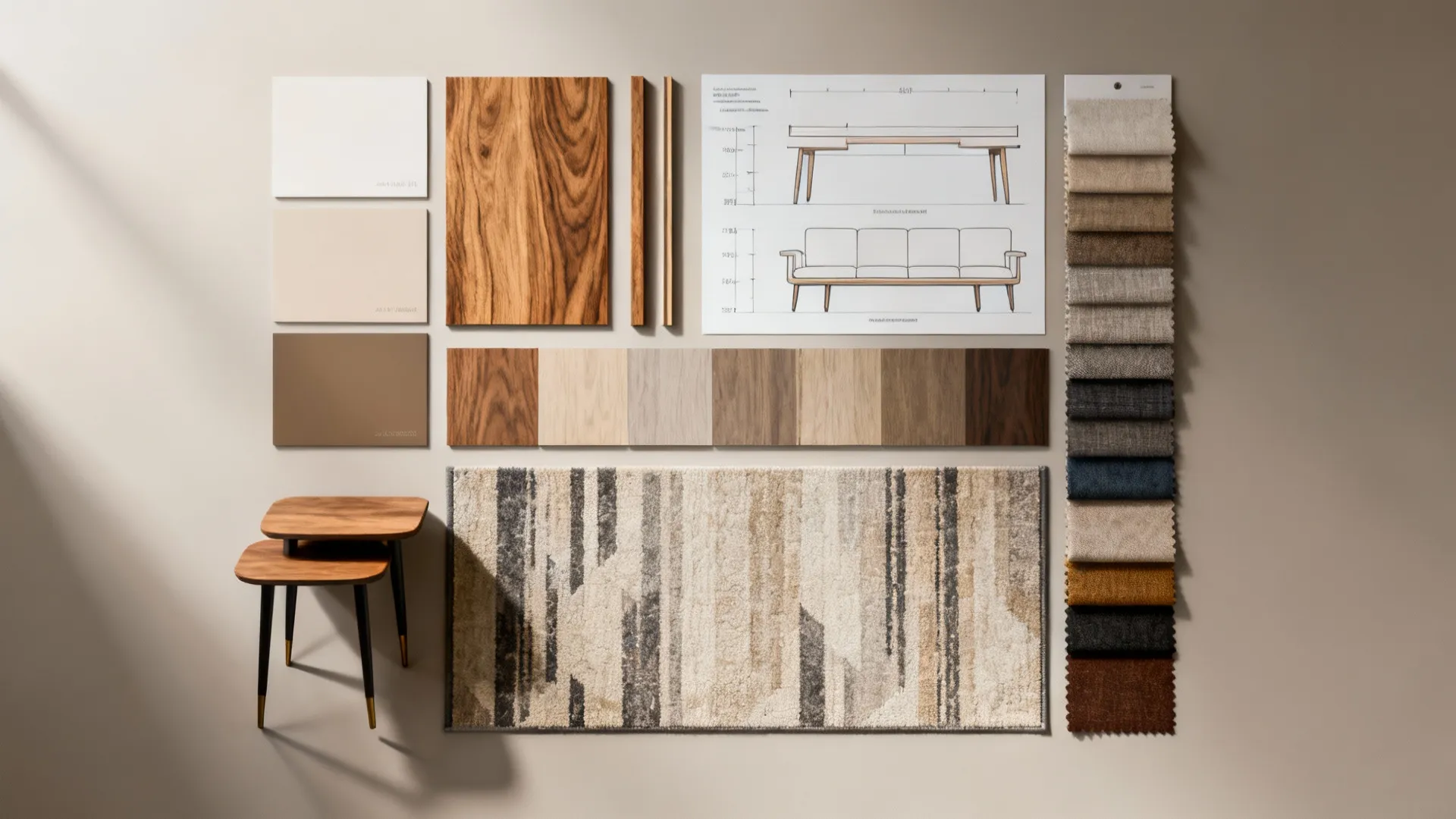 Flatlay mood board of materials, fabrics, and rug samples for narrow living room layouts.