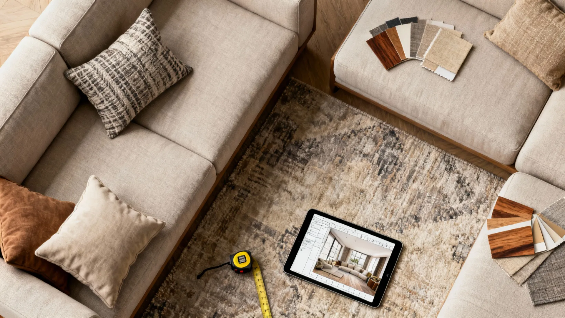 Flatlay of fabric swatches, throw samples, wood chips and a room planner tablet for matching sectionals.