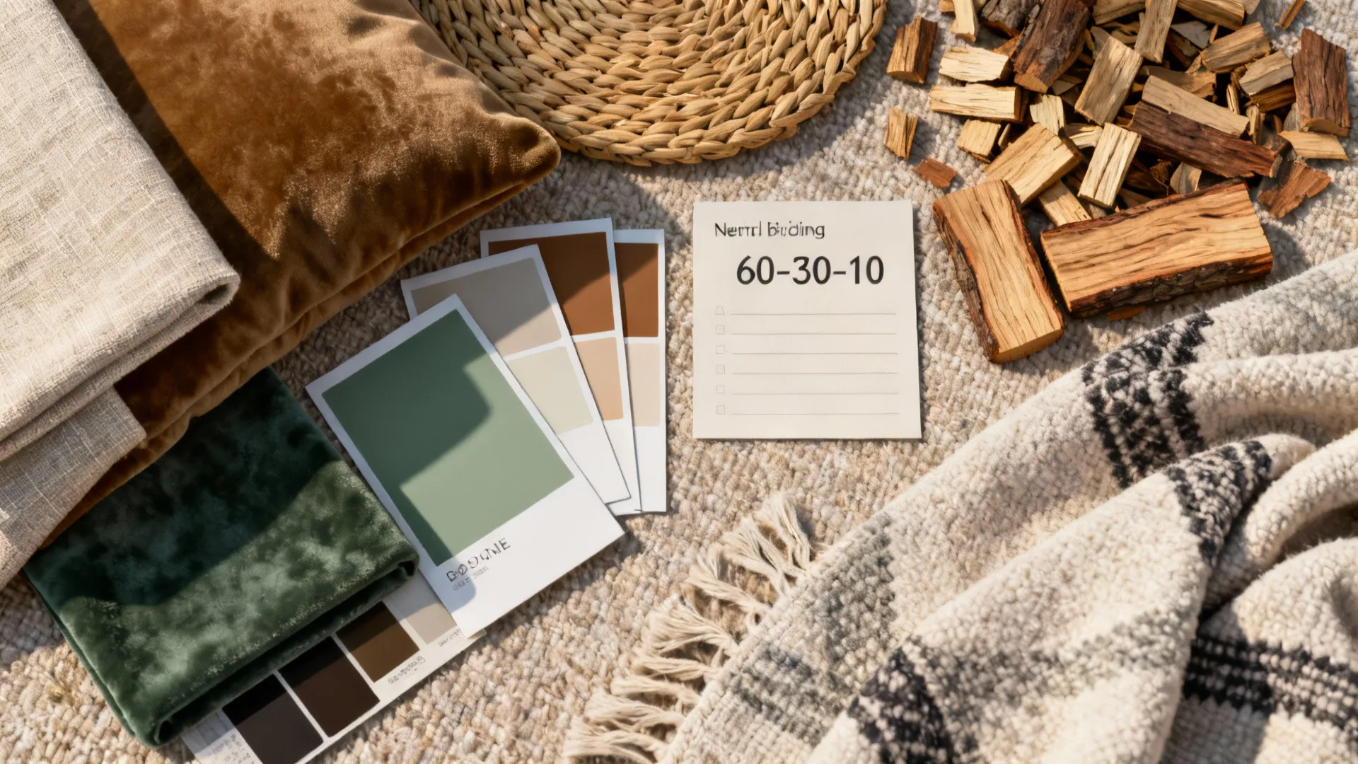 Top-down flatlay of paint swatches, fabric samples, wood chips and textured throws for two-color planning.