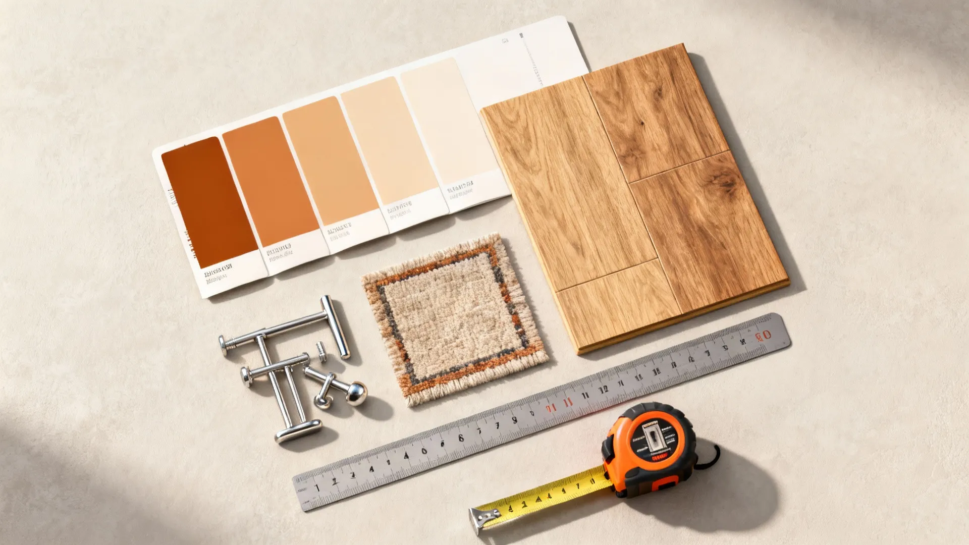 Interior design materials with wood flooring color palette small rug metal handles and measuring tools