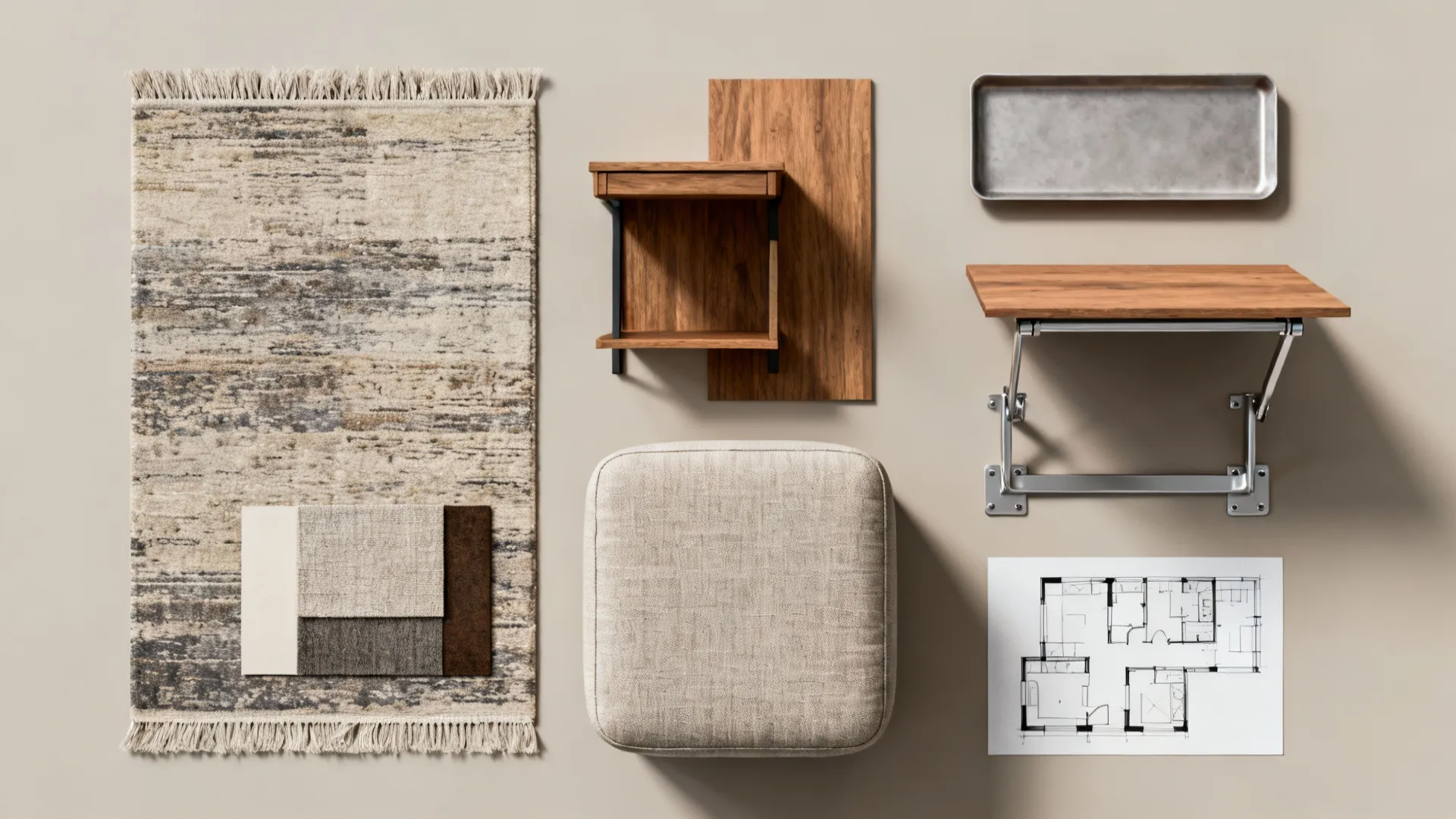 Flatlay of material samples and a floorplan for small living room alternatives to a coffee table