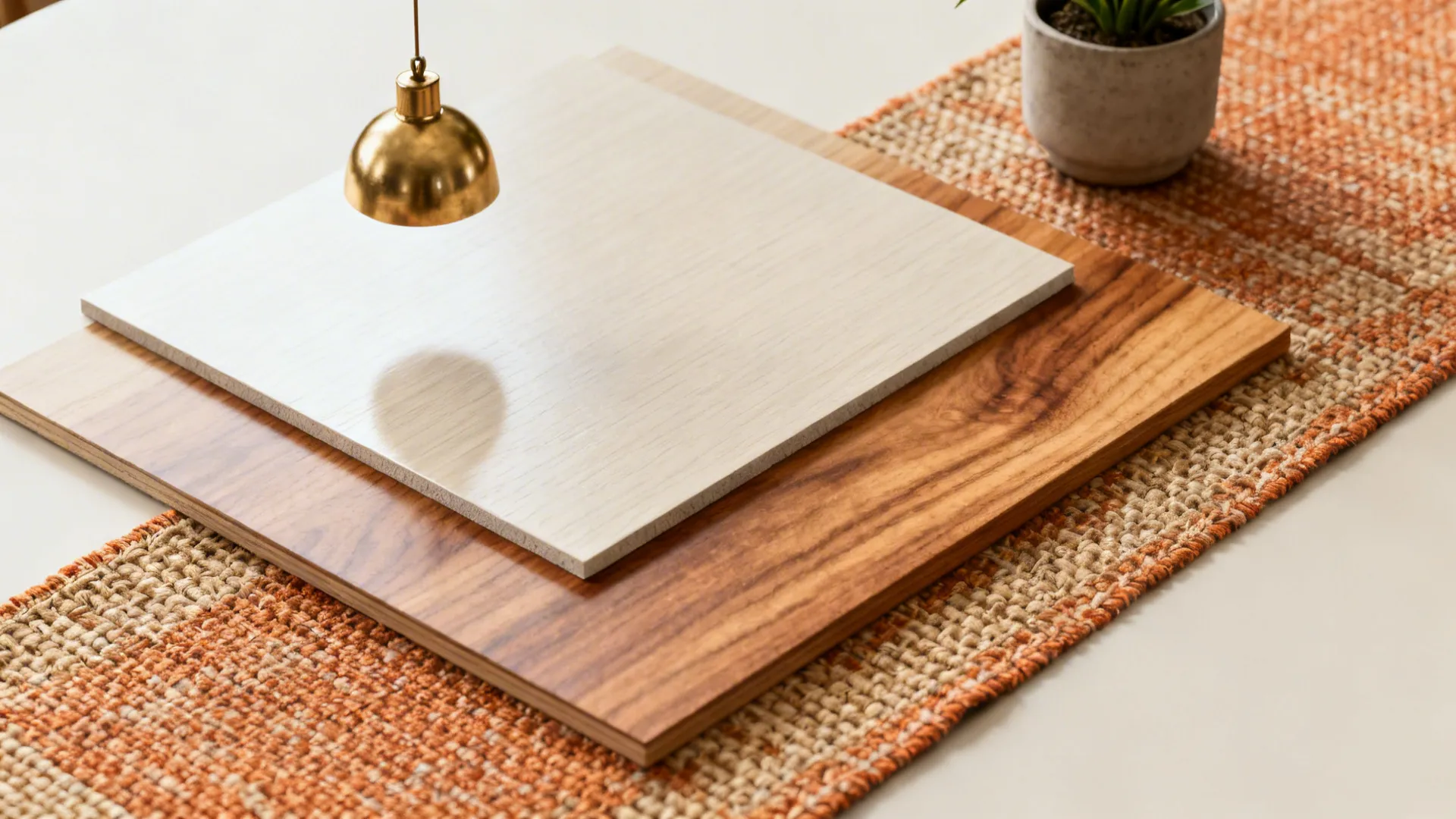 Material samples: light laminate, wood veneer, woven textile and brass pendant detail.