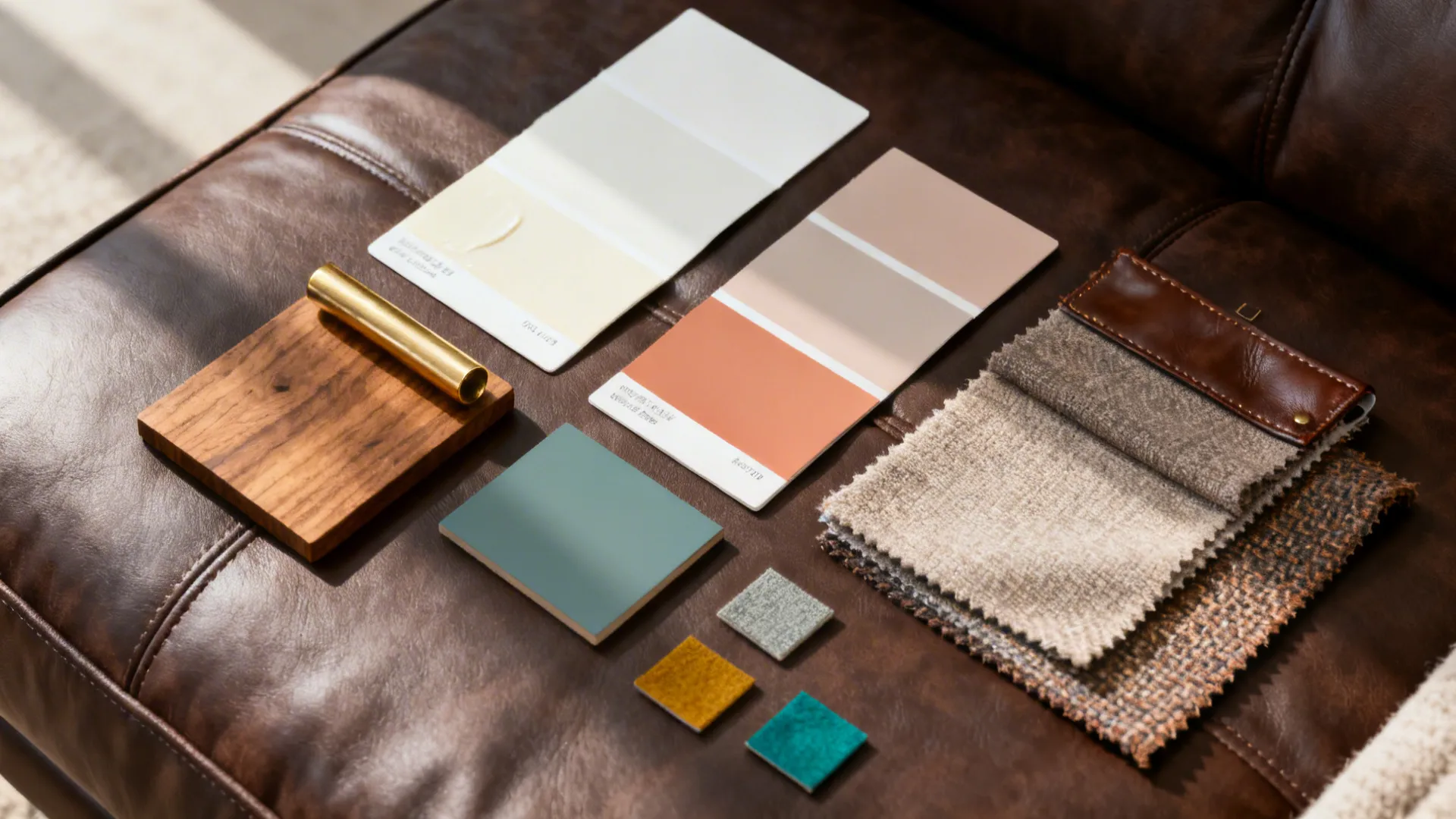 Material and color swatches for designing around a dark brown sofa including paint, wood, brass and fabric samples.