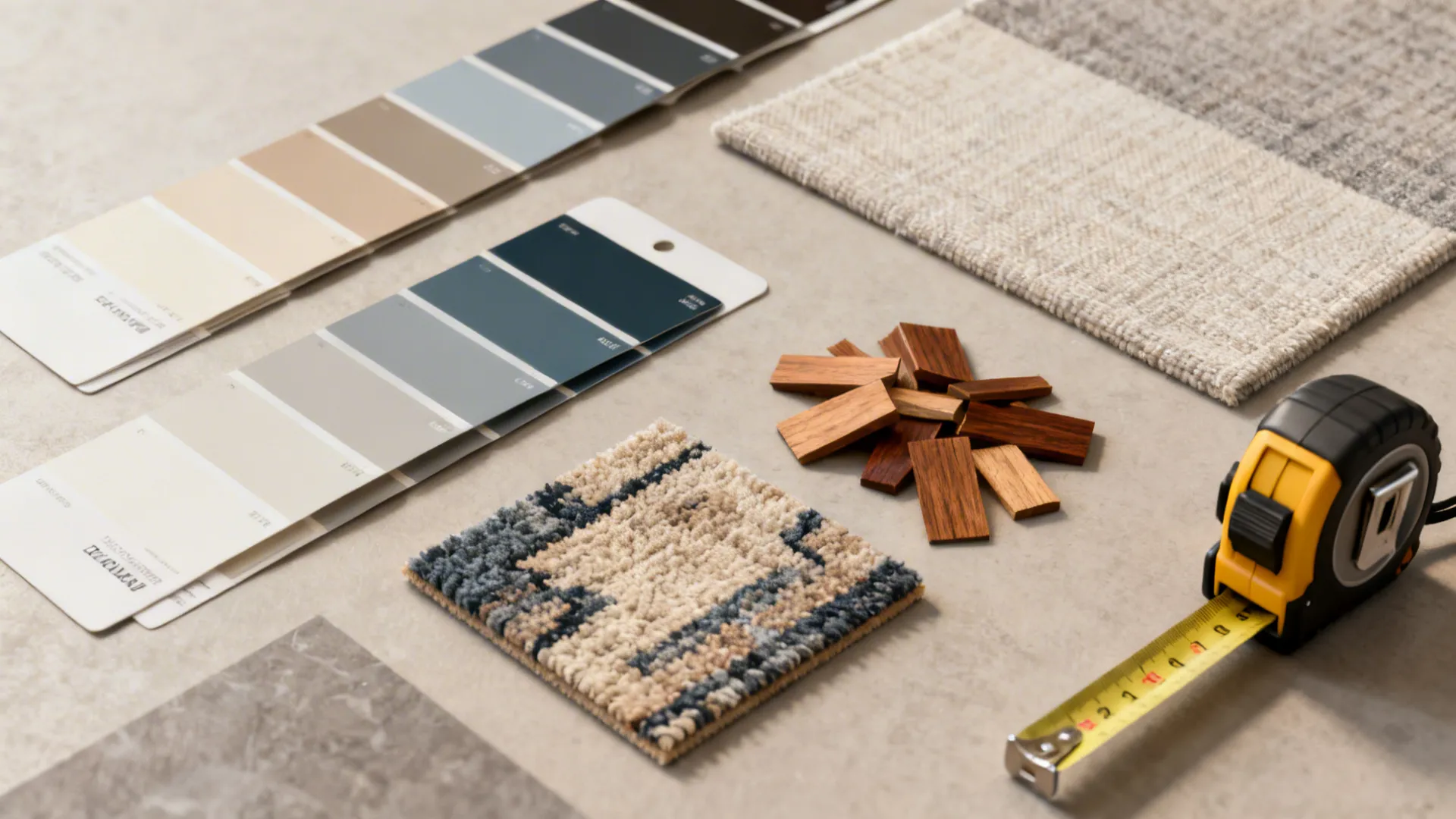 Interior design materials with color swatches, fabric samples, small wood pieces, and yellow measuring tape