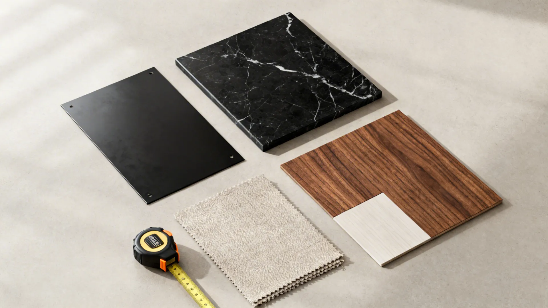 Flatlay of material samples including matte black, black marble, wood veneer and linen for selecting end tables.