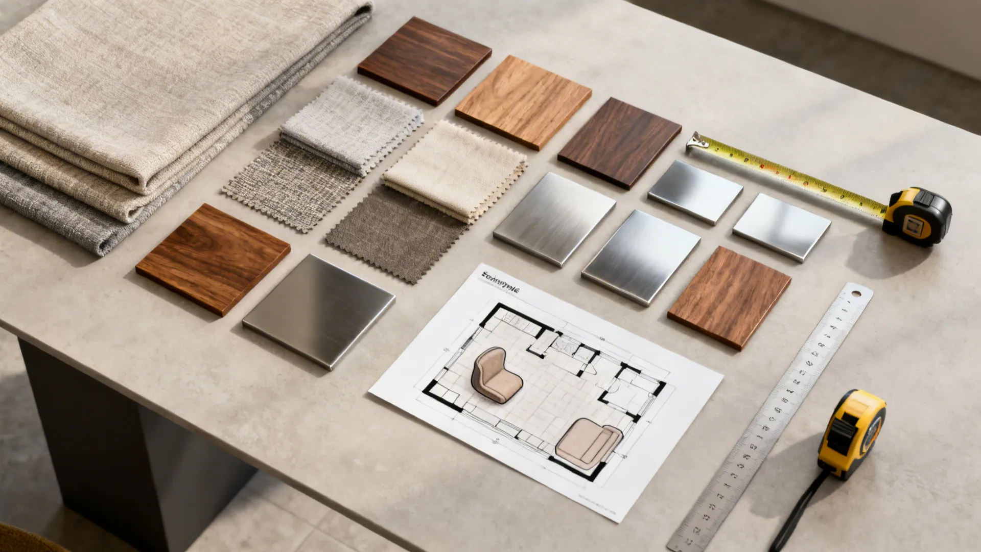Interior design drawing with wood samples fabric swatches metal tiles and yellow measuring tape tools
