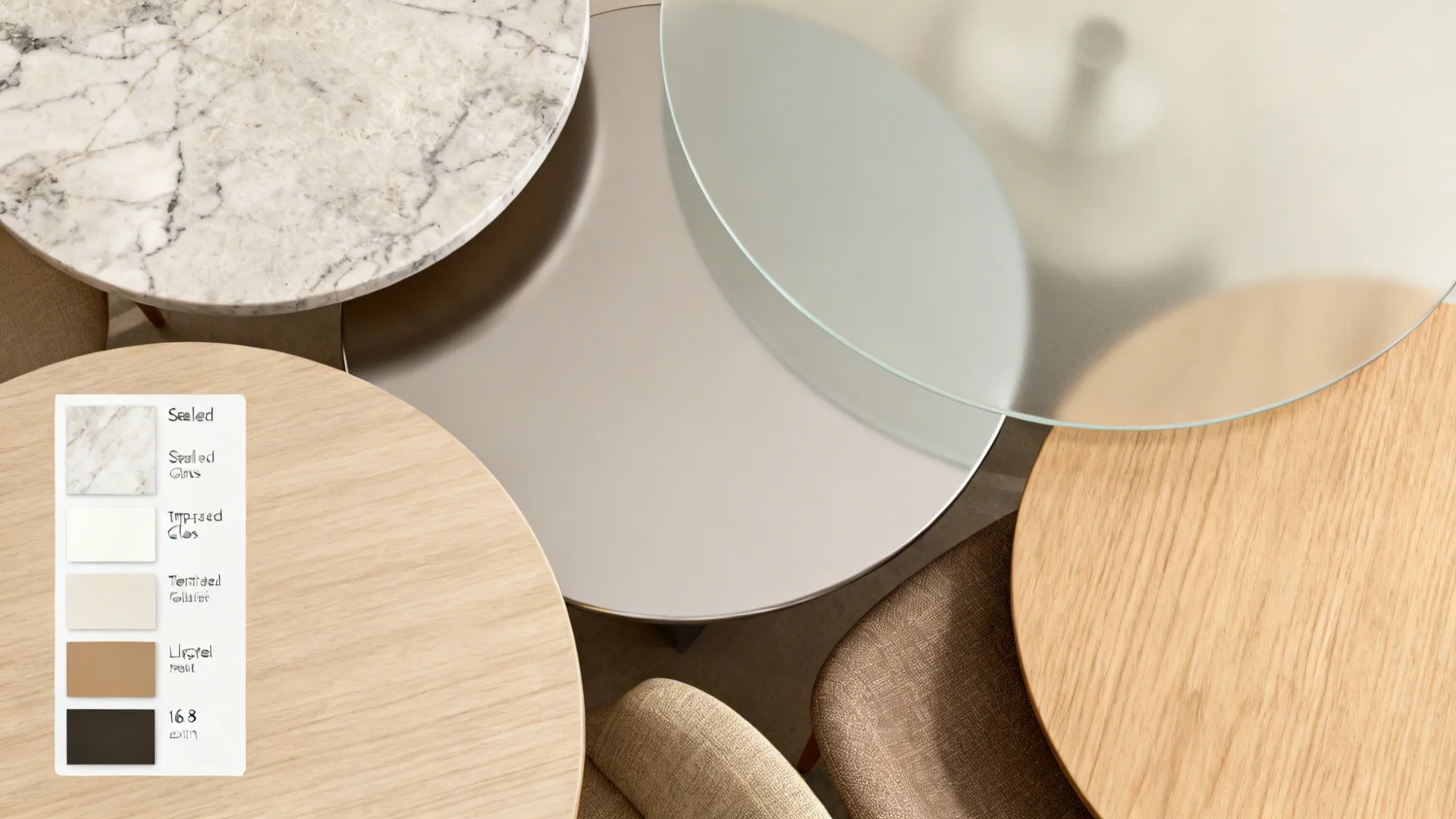 Top-down flatlay of material samples: marble, glass, metal, wood and fabric for round tables