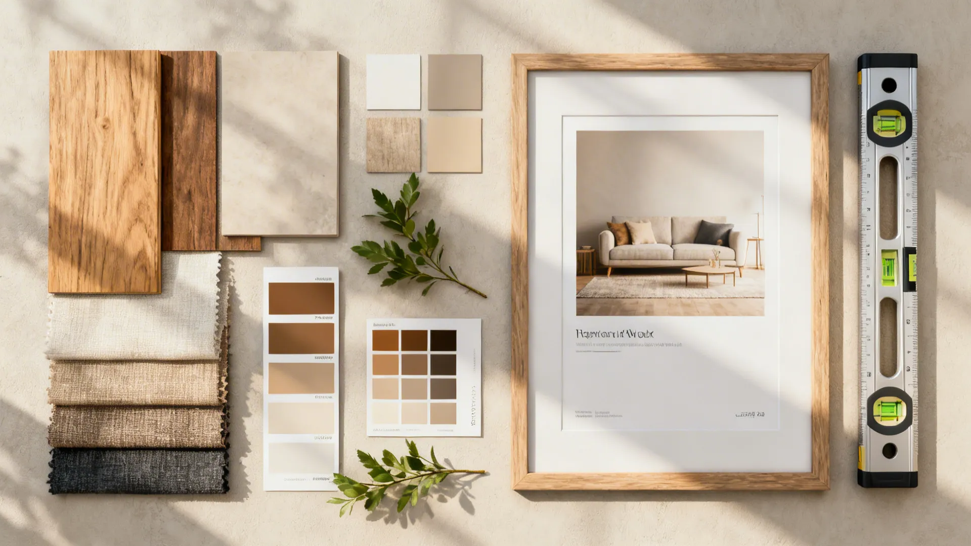 Flatlay of material samples, paint chips and tools for planning wall decor in a small living room