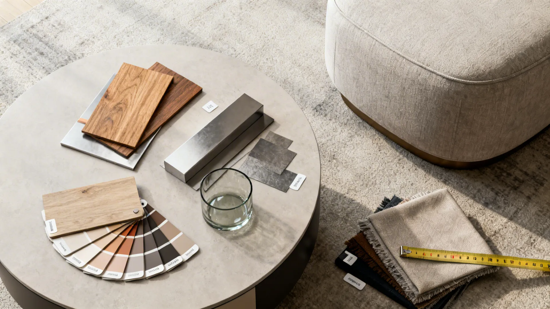 Flatlay of wood, metal, glass, and fabric samples with a tape measure for choosing round coffee table finishes.