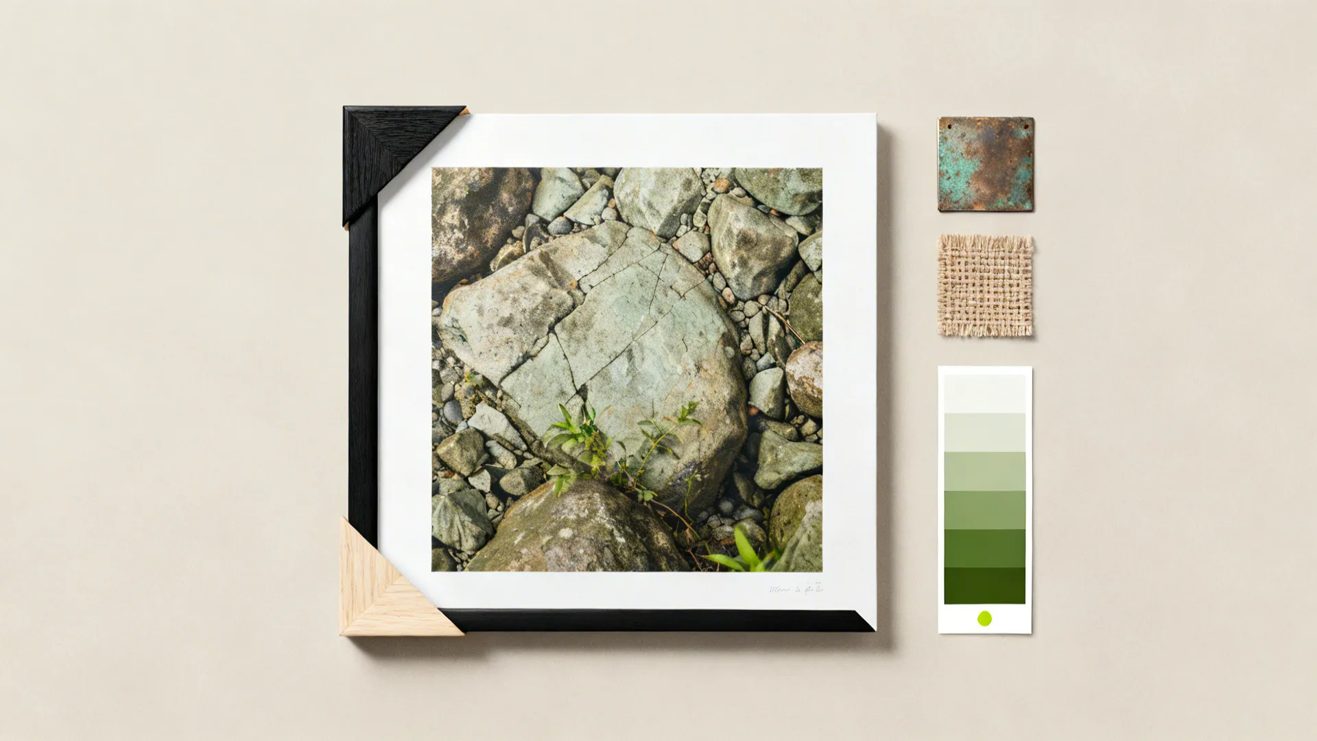 Flatlay of giclée print, frame samples, textile swatch and color chips for budget art choices