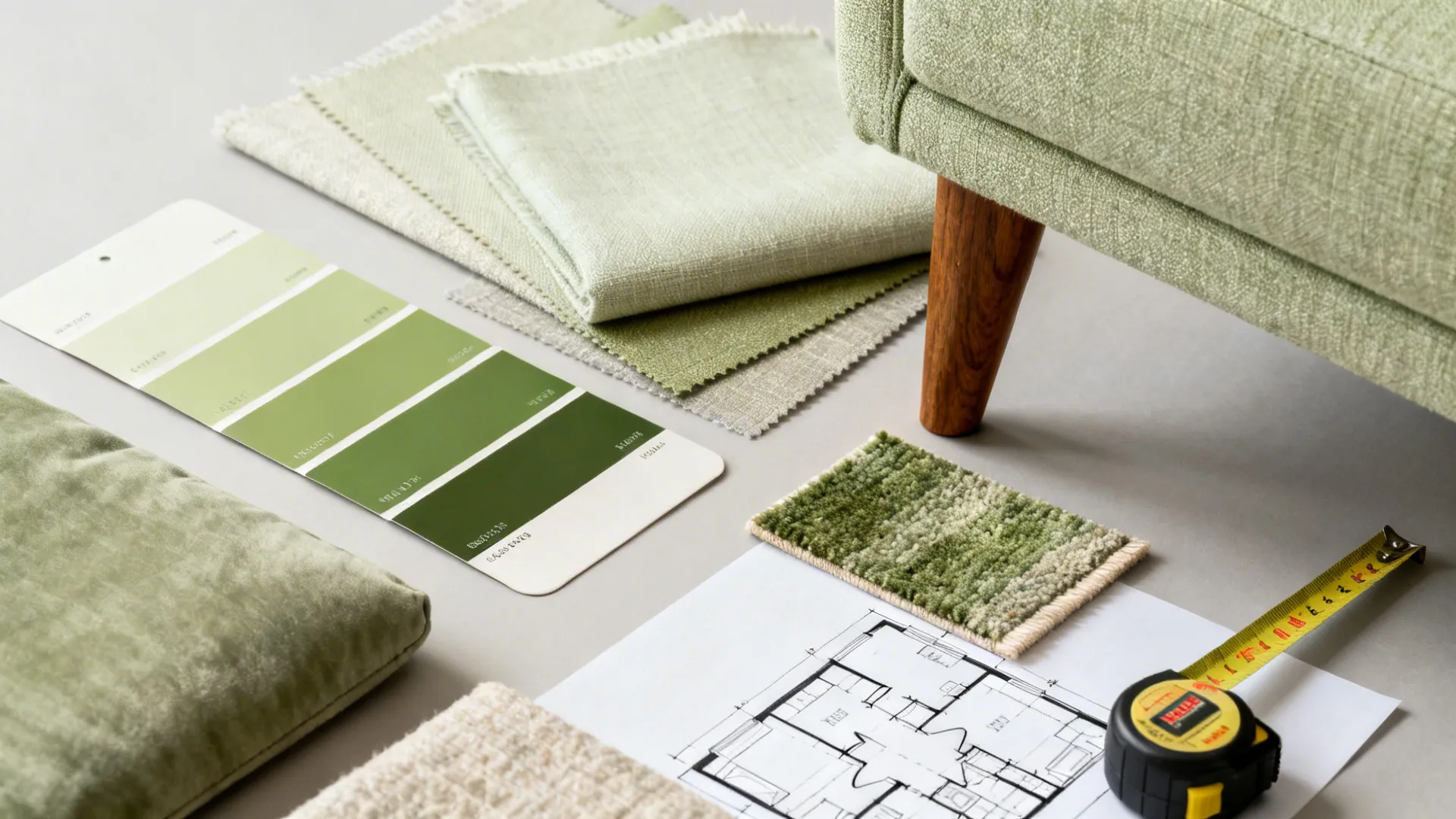 Flatlay of fabric swatches, wood leg finishes and color chips for sectional styling