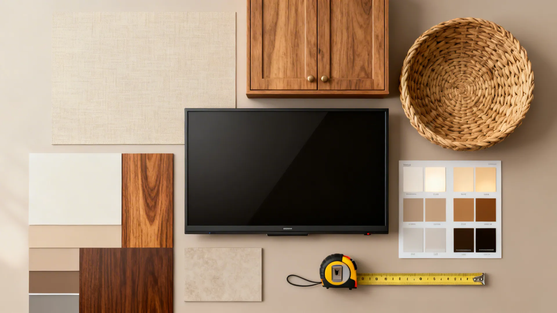 Material and color samples flatlay for planning a TV wall, including wallpaper, wood veneer and swatches