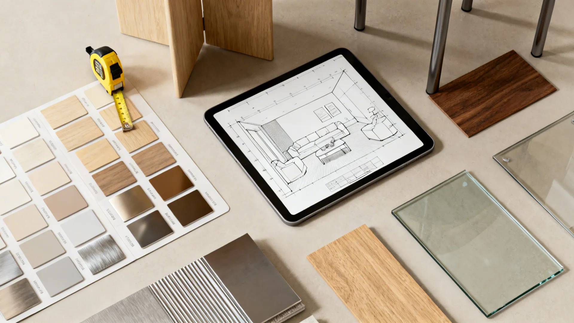 Flatlay of color swatches, measuring tape and a tablet with a room planner for testing side-table layouts