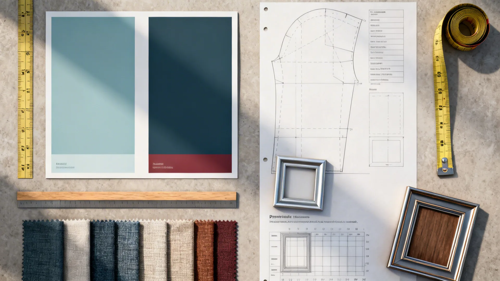 Flatlay of color swatches, fabric samples, measuring tape and templates for planning dining room wall art proportion.