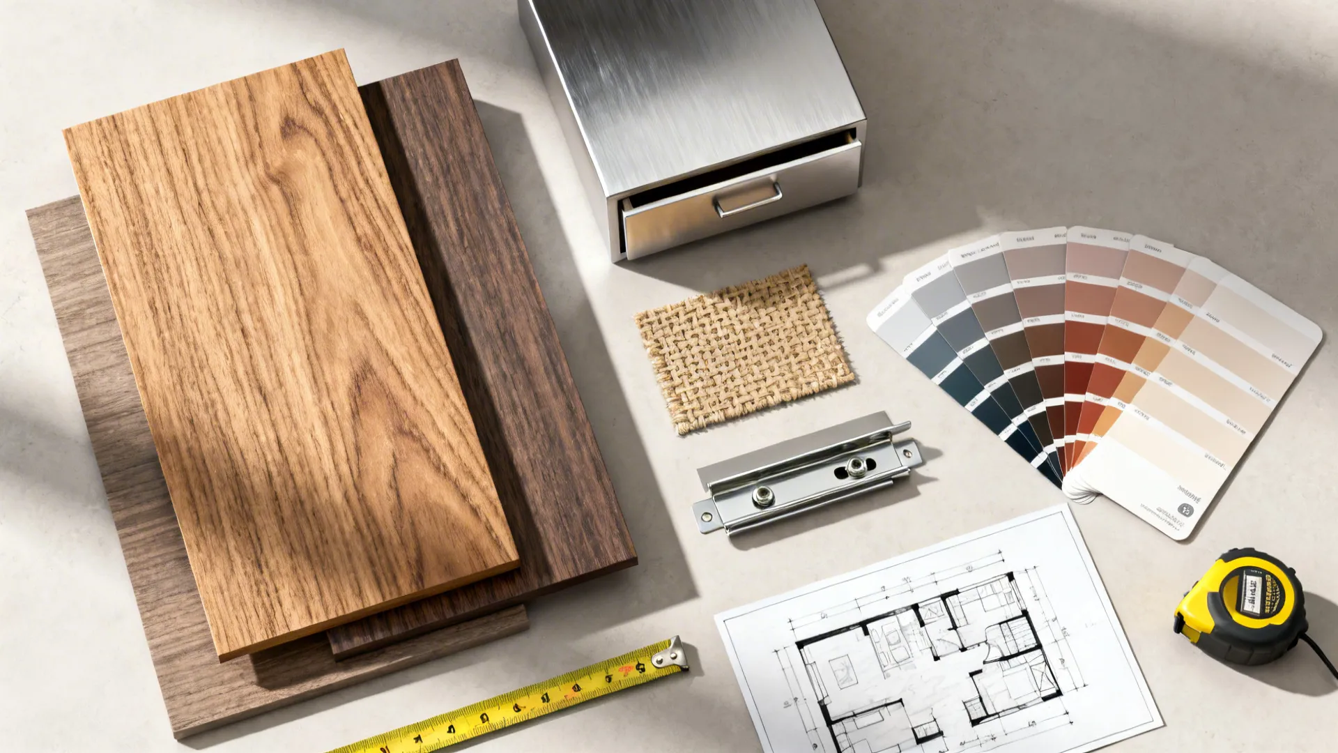 Interior design drawing with wood samples color cards tape measure and fabric on a grey surface