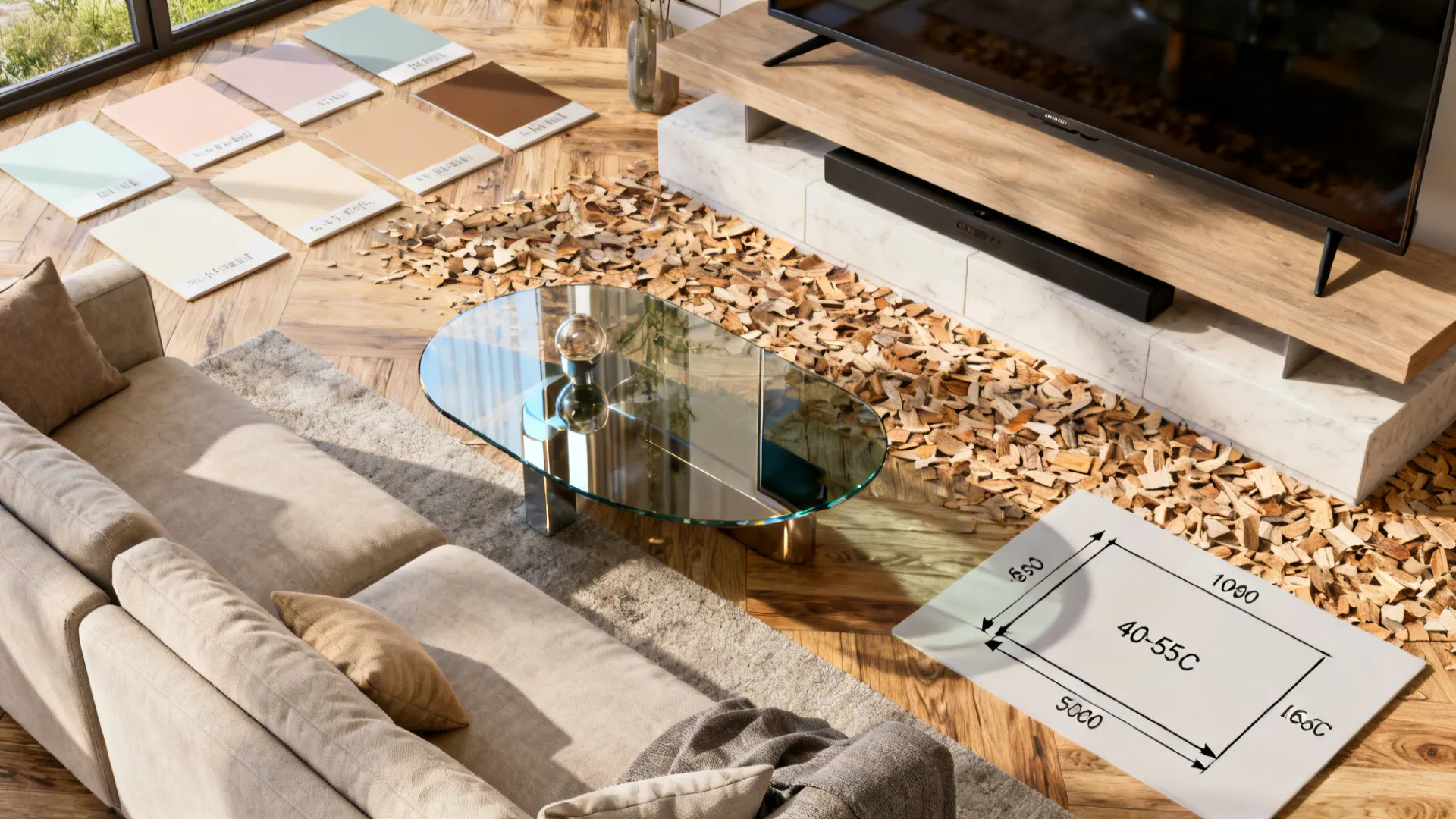 Flatlay of color swatches, wood samples, and fabric pieces for designing a compact living room