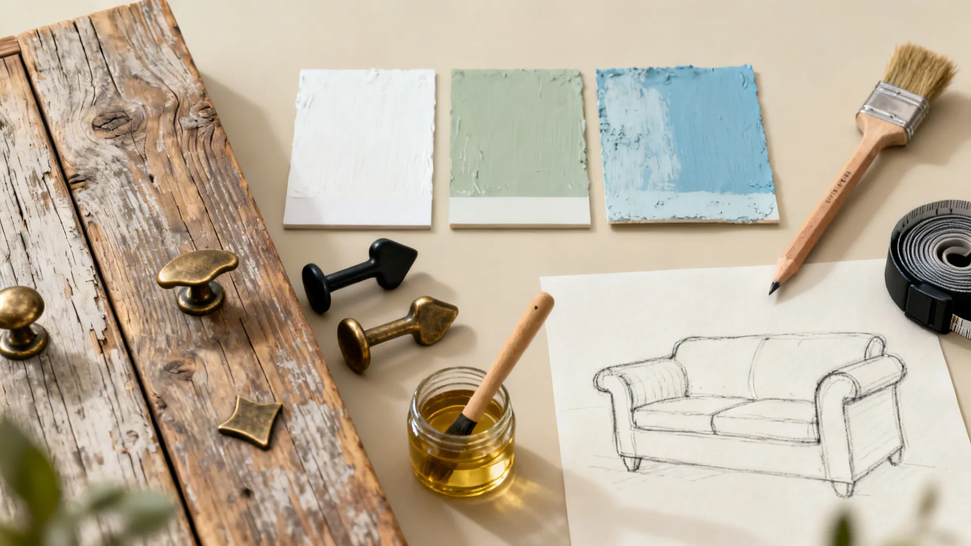 Flatlay of reclaimed wood samples, paint swatches, metal hardware, and measuring tape for farmhouse table selection.