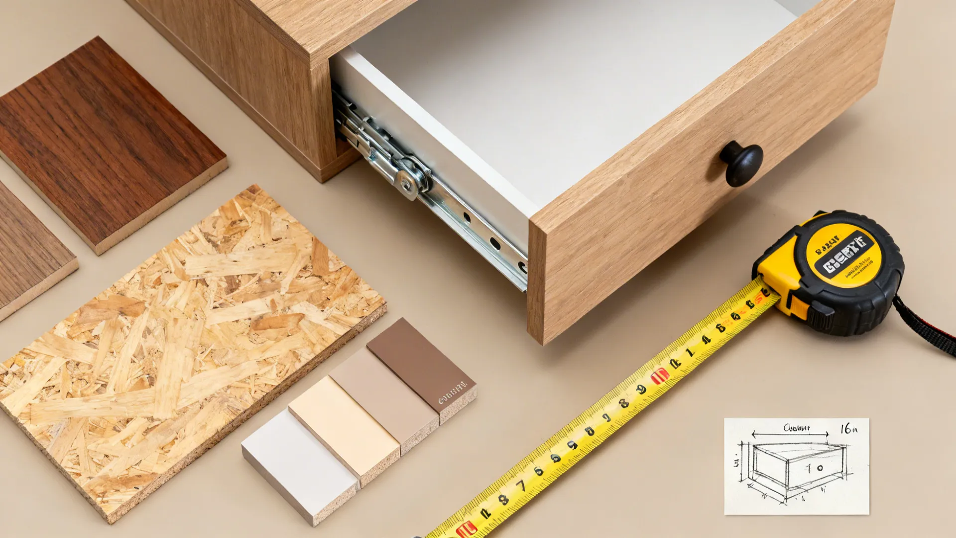 Flatlay of material samples, drawer slide, tape measure and sketches for planning side tables