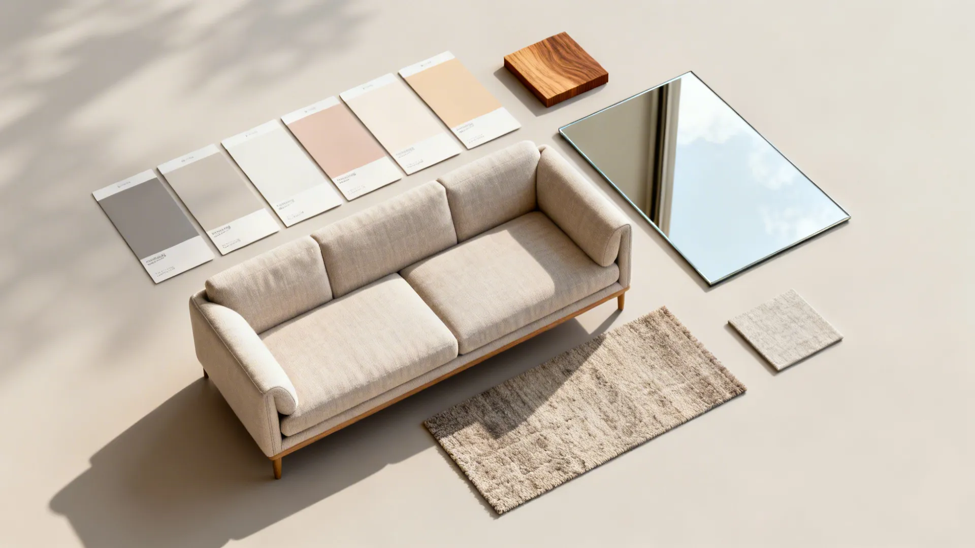 Flatlay of paint swatches, wood samples, mirror tile and fabric swatches for a small living room palette