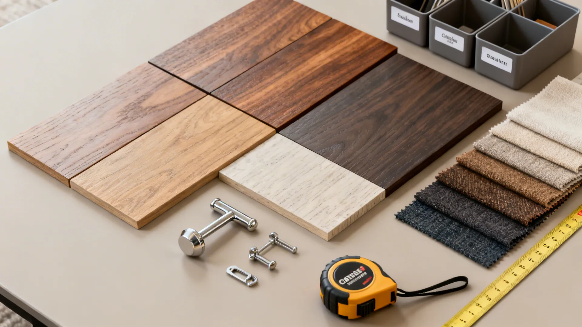 Top-down flatlay of wood, laminate, metal, and fabric samples with small organizer bins and measuring tape