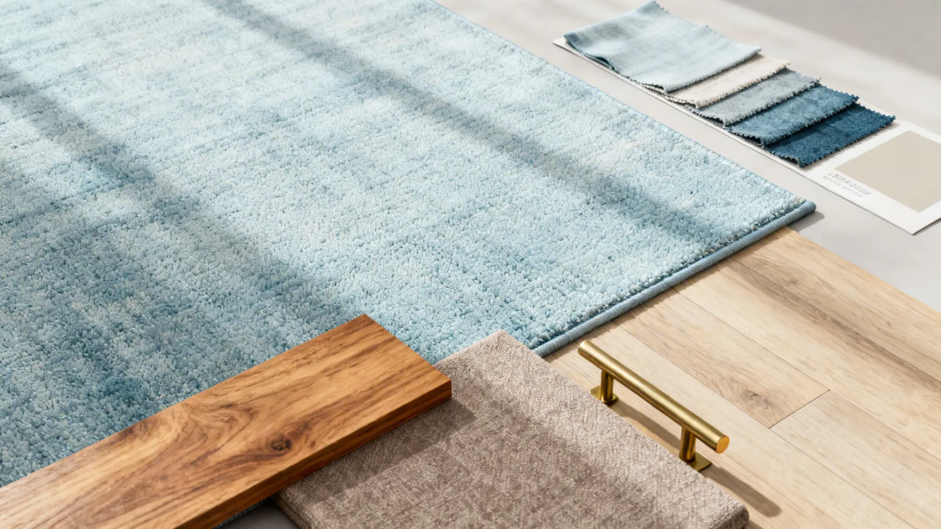 Light blue rug on wood floor with fabric swatches and a gold metal door handle