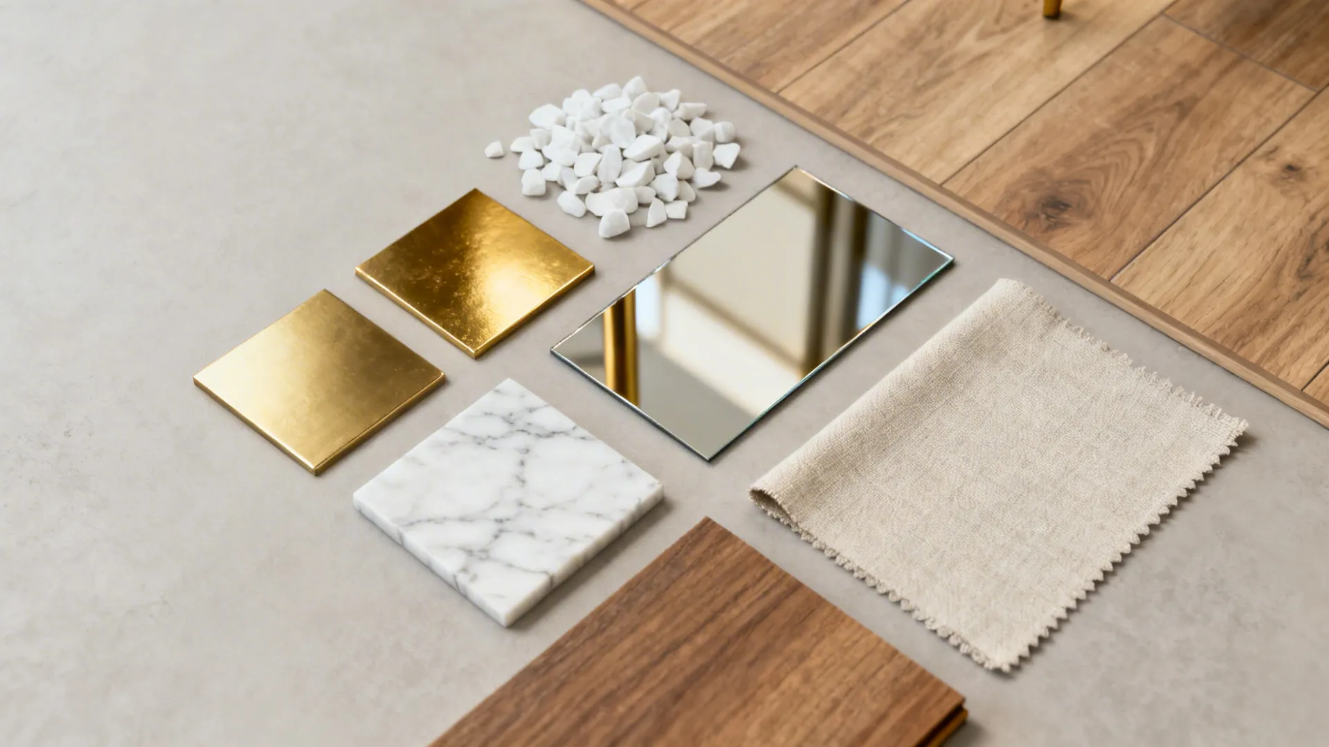 Flatlay of material samples and color swatches for gold end table options.