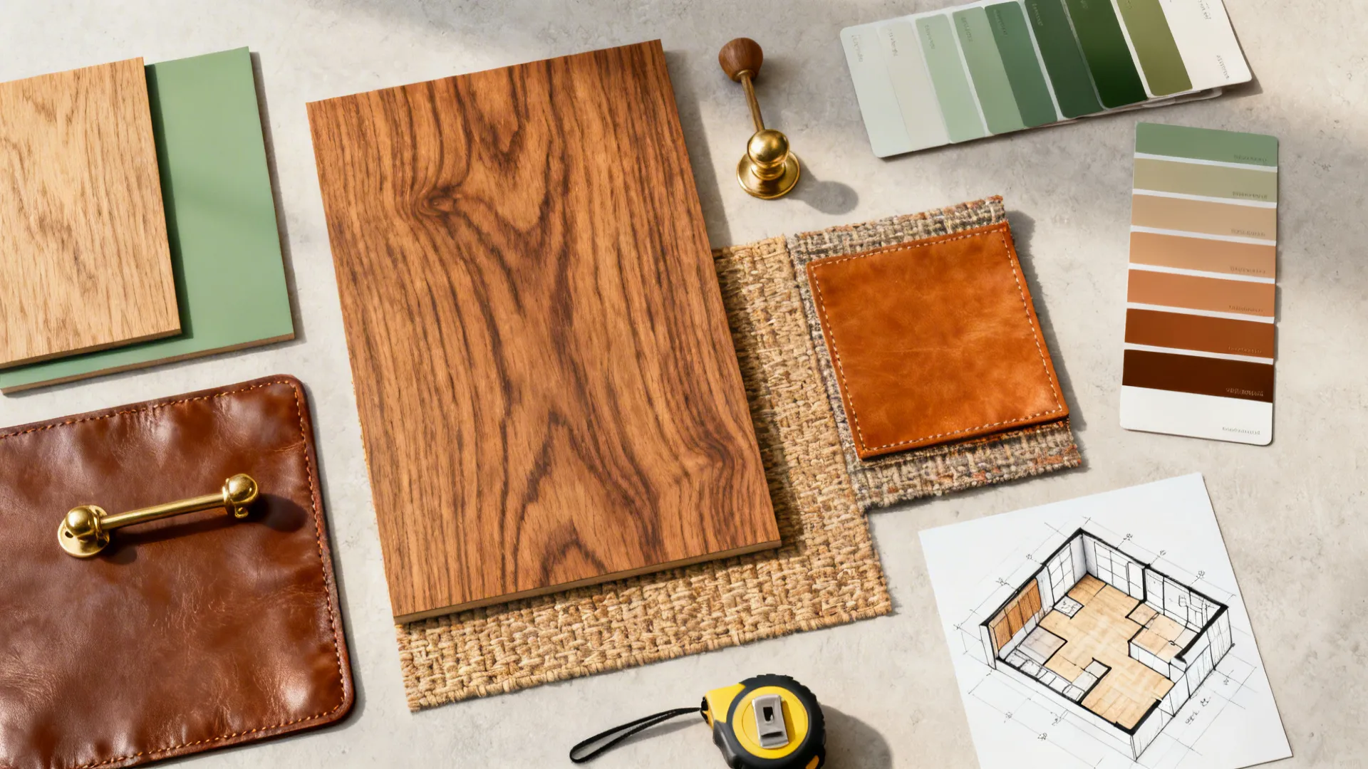 Flatlay of wood, leather, fabric swatches and a floor planner for mid-century design decisions.
