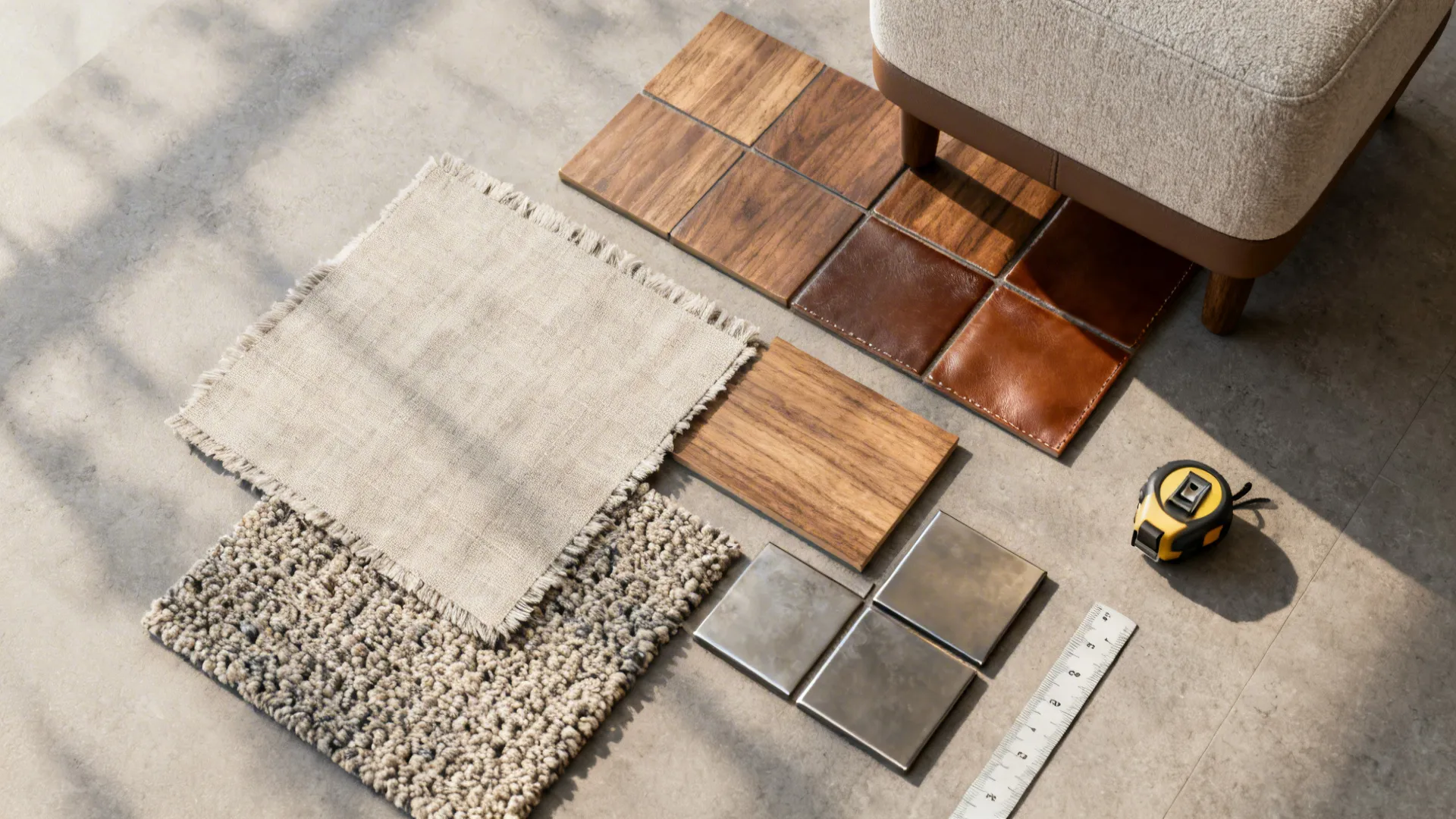 Top-down flatlay of fabric samples, wood finishes and measuring tape for ottoman and table selection.