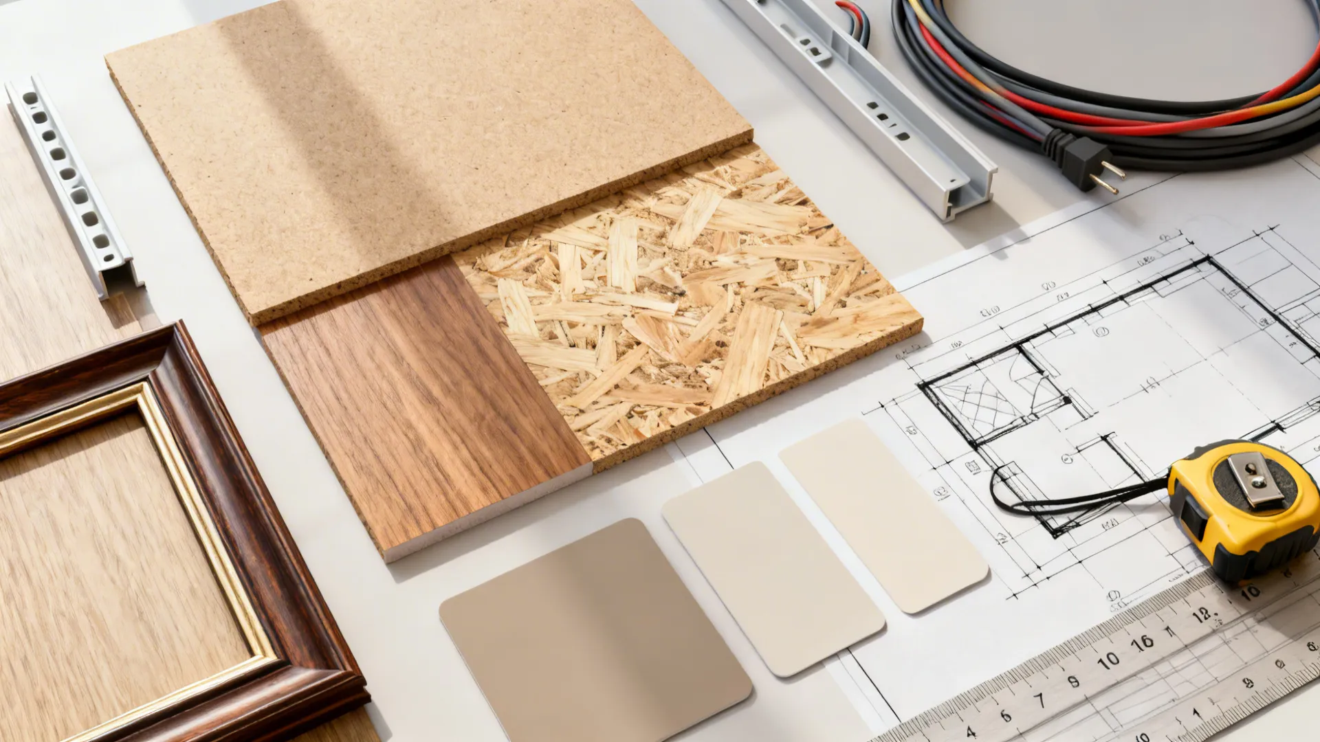 Interior design materials with wood samples floor plan tape measure and ruler on a white desk
