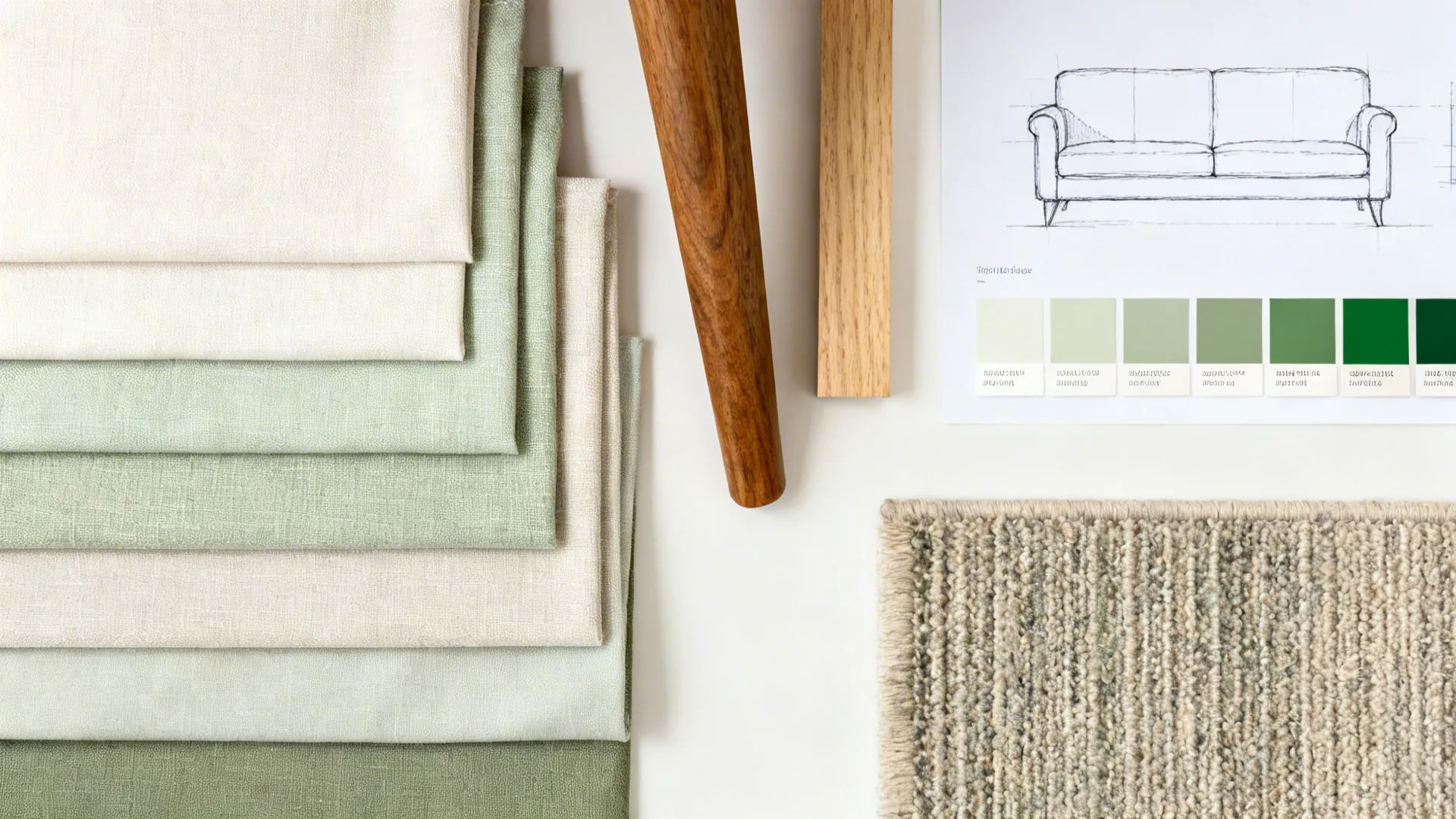 Flatlay of fabric swatches, wood samples, rug textures and color chips for small sofas