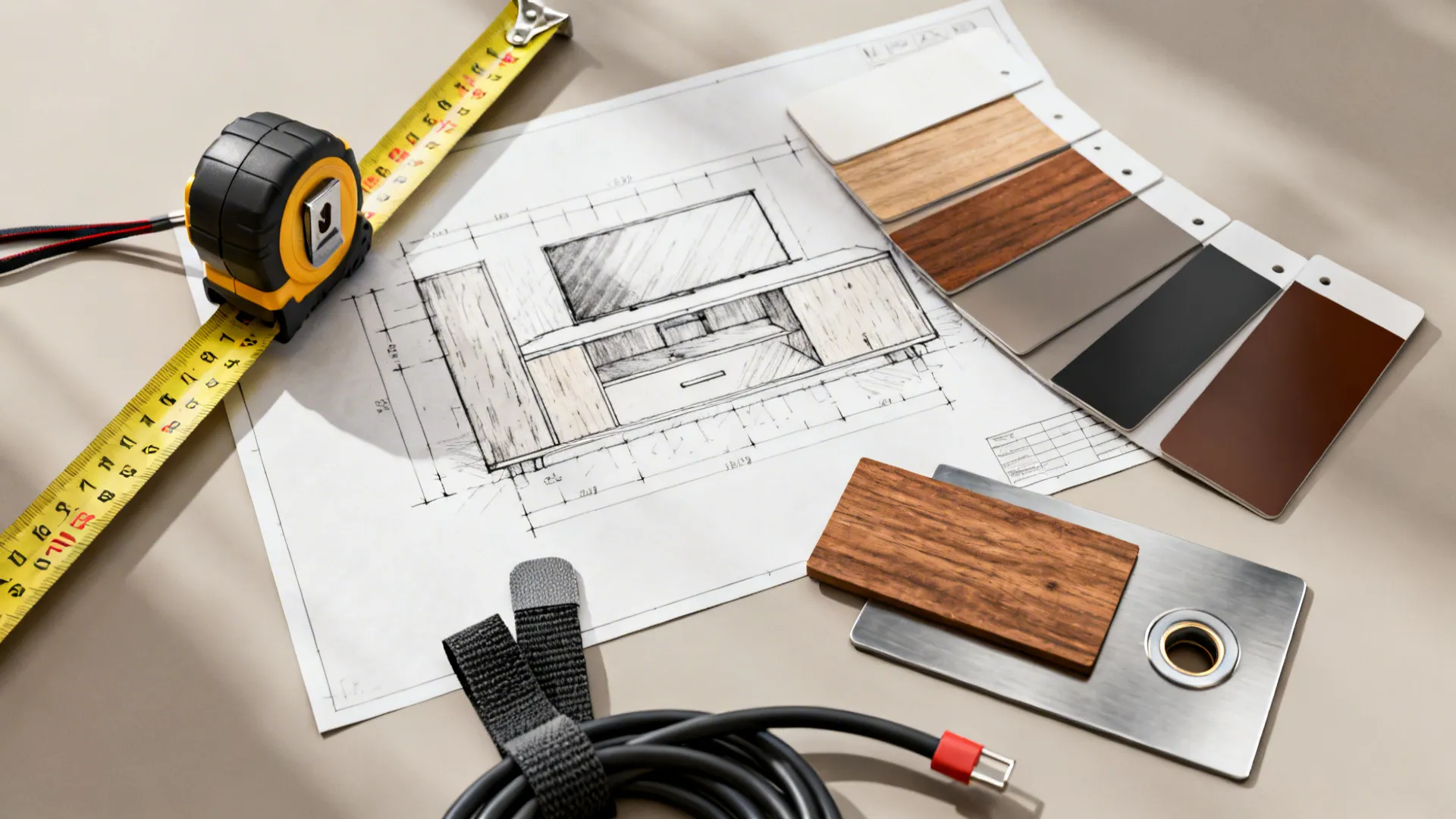 Flatlay of measurement tools, wood and lacquer swatches, and cable management supplies for TV stand planning