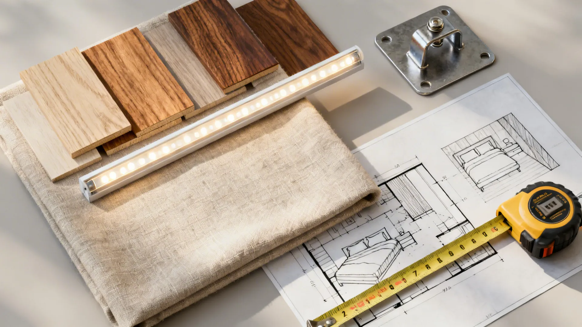Top-down flatlay of wood, fabric, hardware samples and floor plan sketches for a small bedroom design.