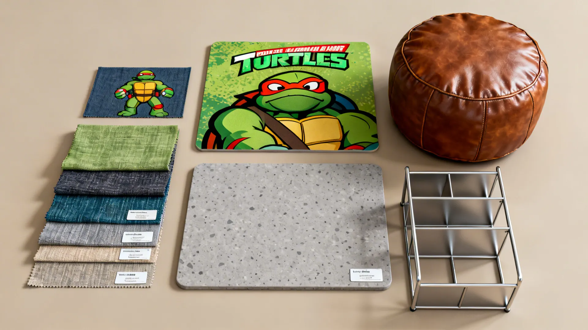 Flatlay of kid-friendly fabric swatches and material samples for a TMNT-inspired room.