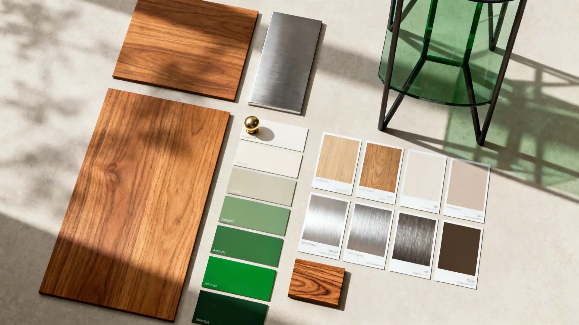 Interior design material samples including wood boards metal pieces and green color swatches on floor