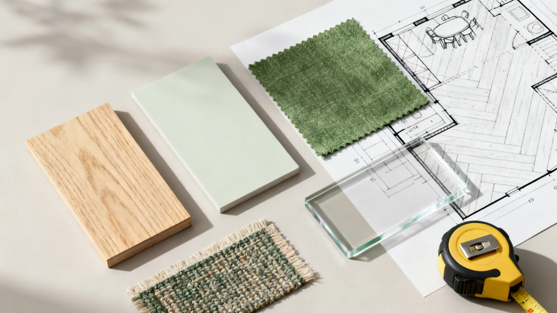 Flatlay of light-wood and fabric swatches, rug sample and floorplan sketch for small dining styling