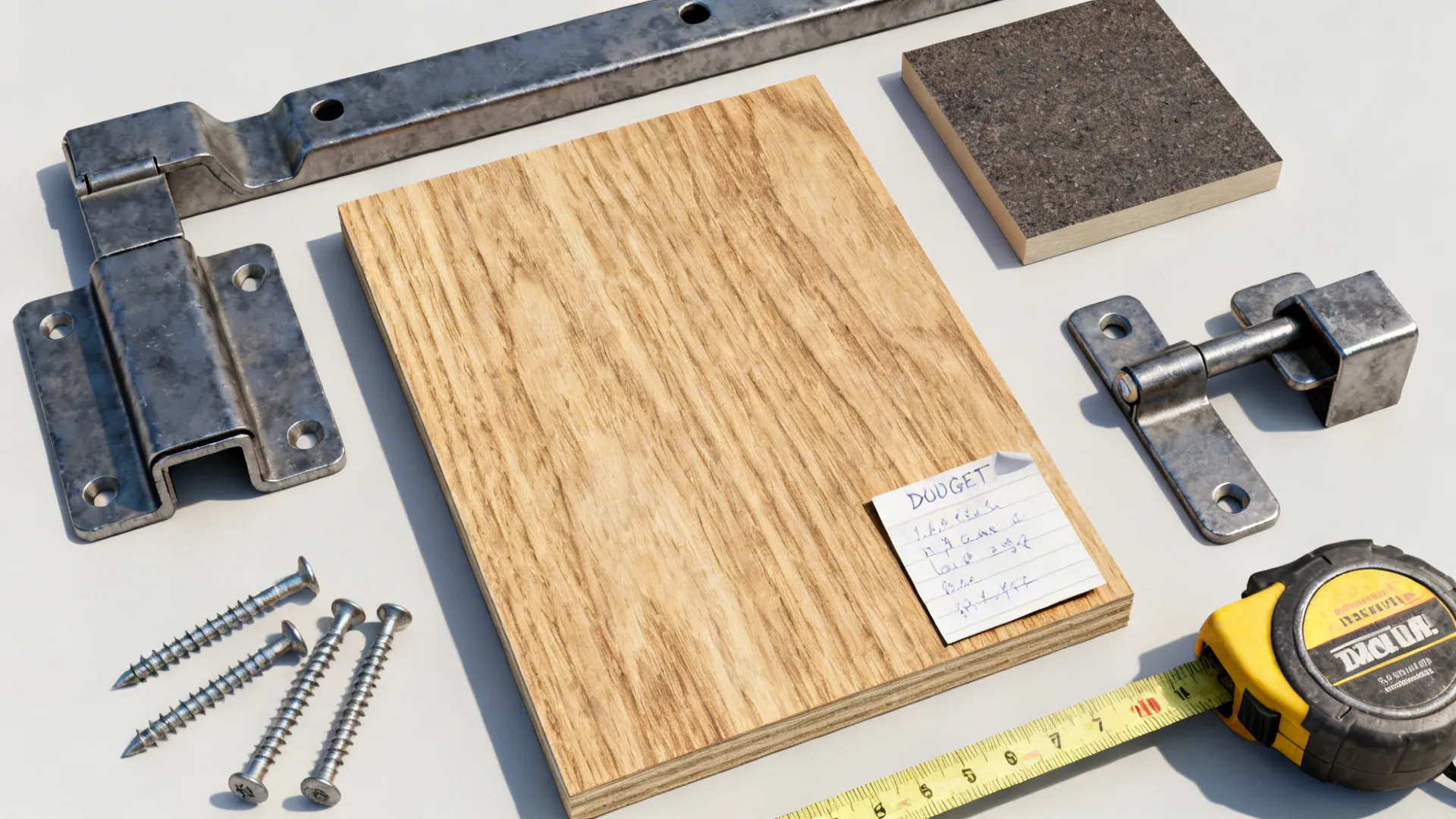 Flatlay of plywood sample, laminate swatch, heavy-duty brackets and tools for a DIY wall-mounted folding table.
