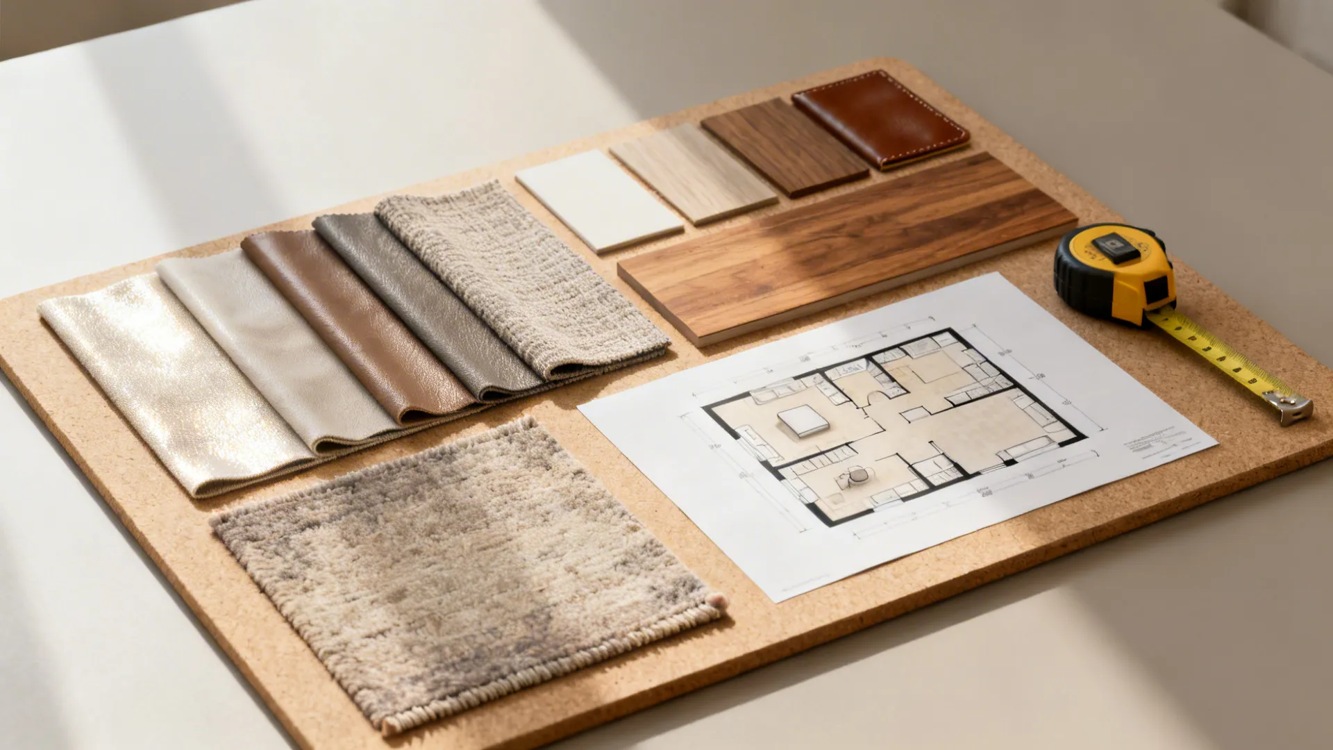 Interior design mood board with fabric swatches wood samples floor plan and yellow measuring tape
