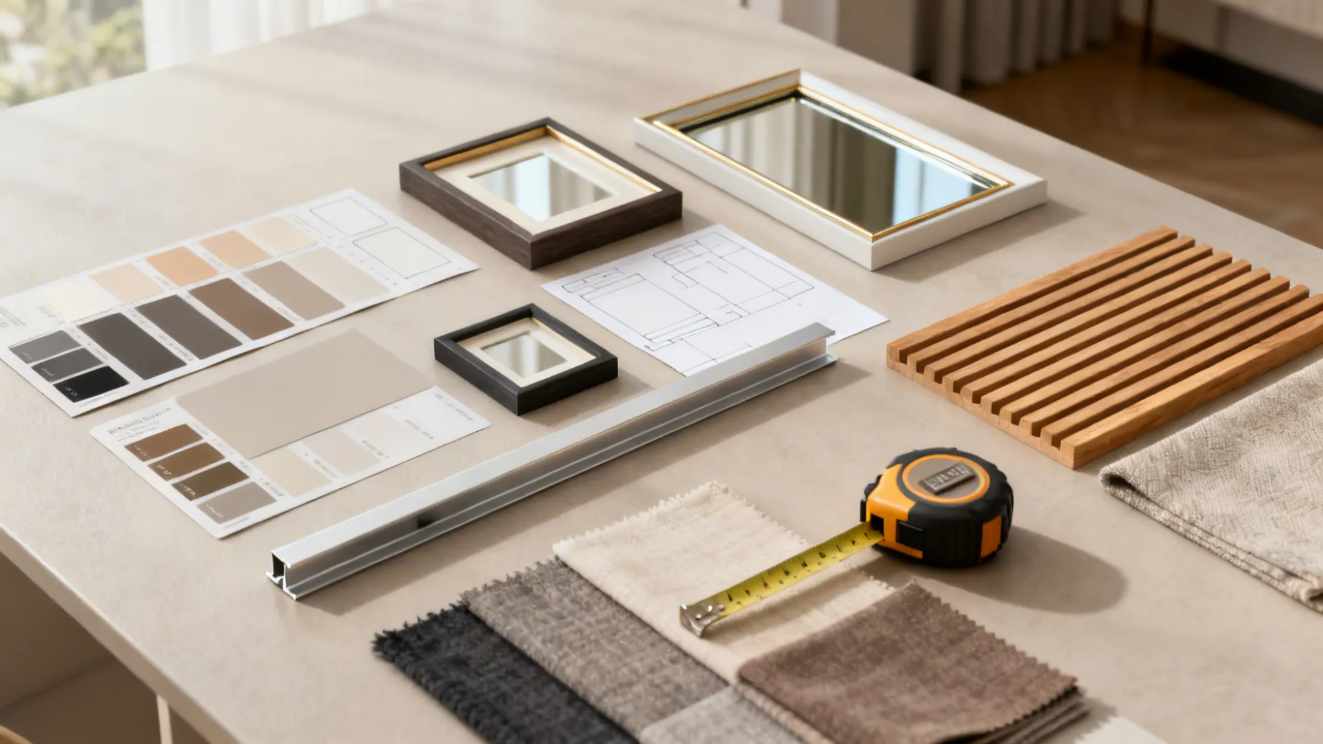 Interior design table with color samples fabric swatches tape measure frames and a room layout