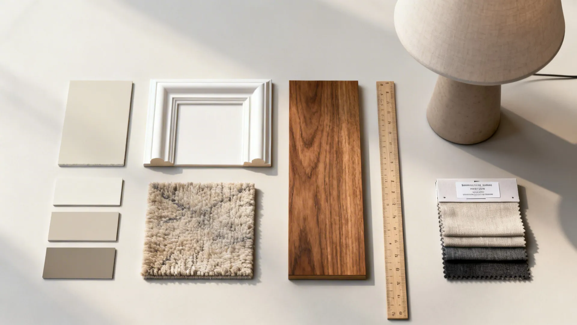 Top-down flatlay of paint chips, fabric swatches, rug sample and wood finishes for small living room planning.