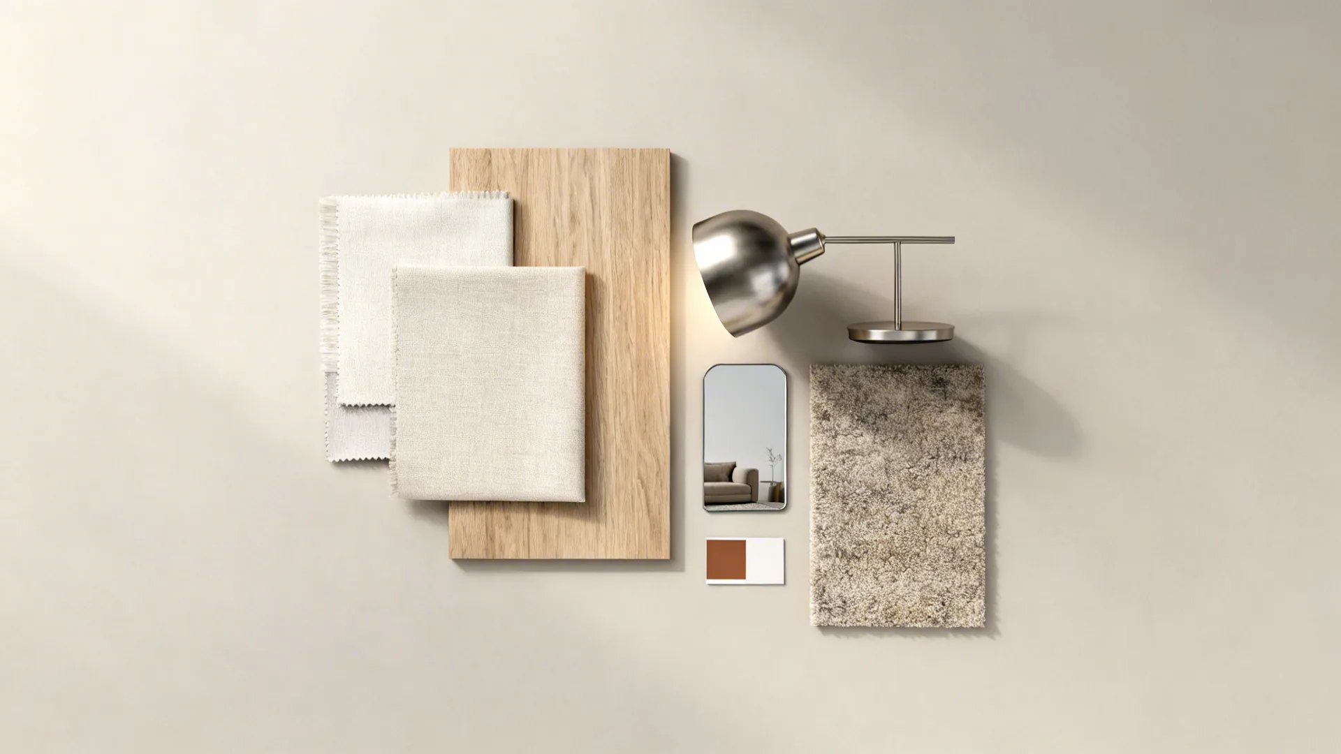 Flatlay of fabric swatches, wood samples, rug texture and lighting samples for small living room design