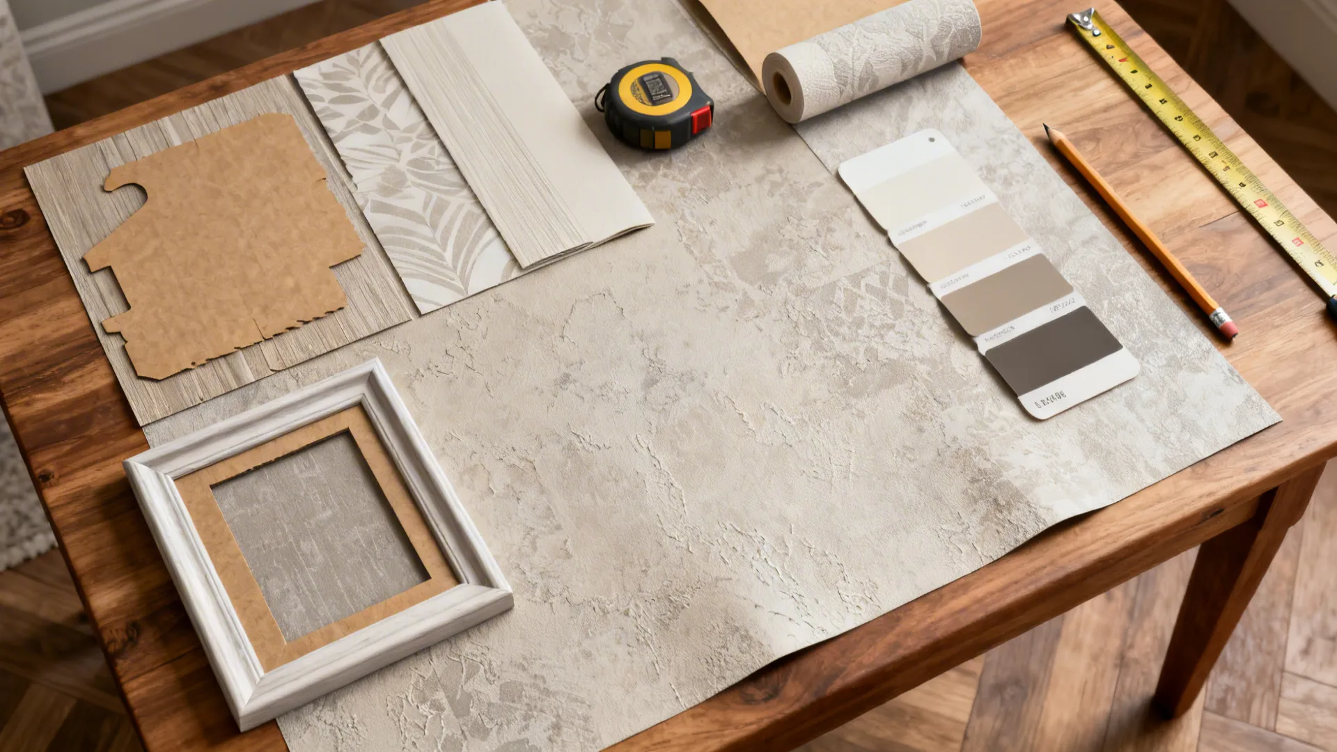 Top-down flatlay of wallpaper swatches, kraft mock-ups, frame samples and paint chips for wall planning.