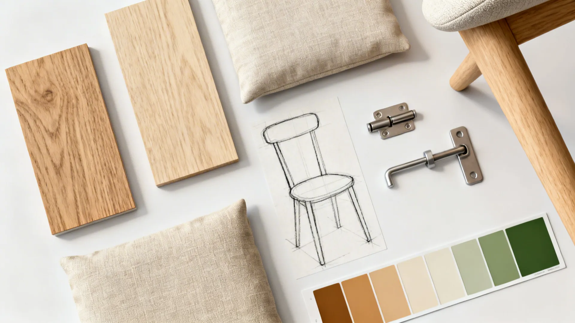 Flatlay of wood, fabric, and hardware samples for small dining furniture selections.