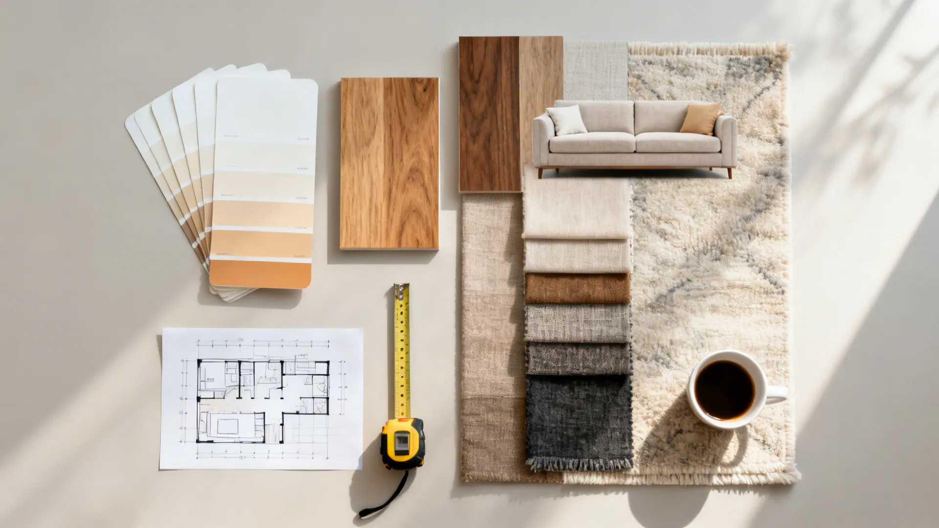 Flatlay of paint, fabric and wood samples with a small floor plan for small living room planning.