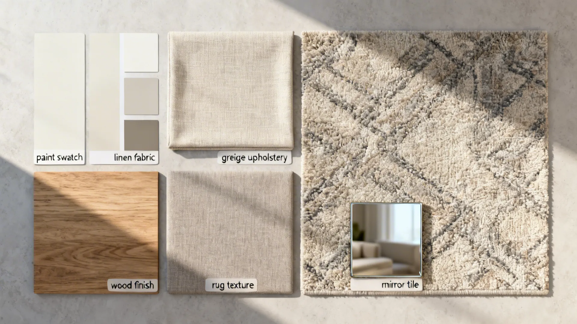 Flatlay of paint swatches, fabric samples, rug texture and wood finishes for a small living room palette